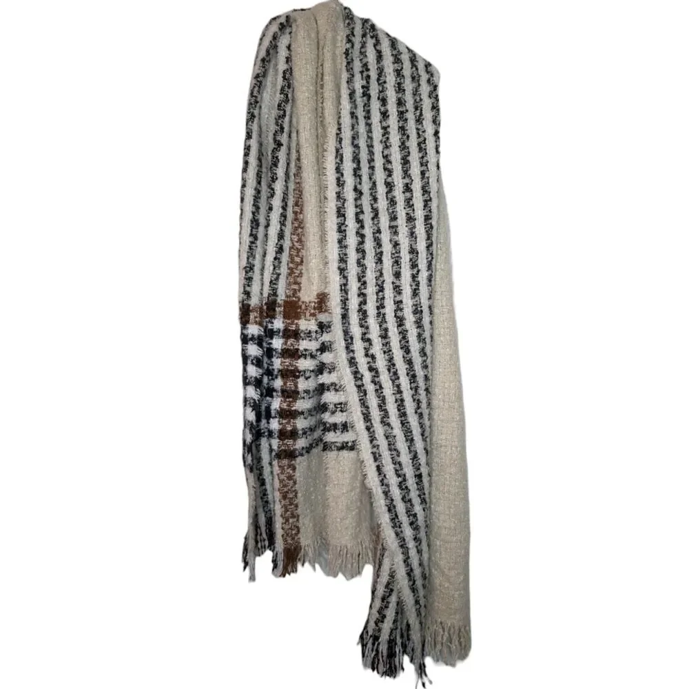 Unisex Soft Cream Fringe Striped Scarf